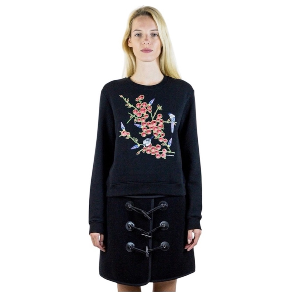 Carven | Women’s Black Crewneck Embroidered Bird/Floral Pullover Sweatshirt Sz S